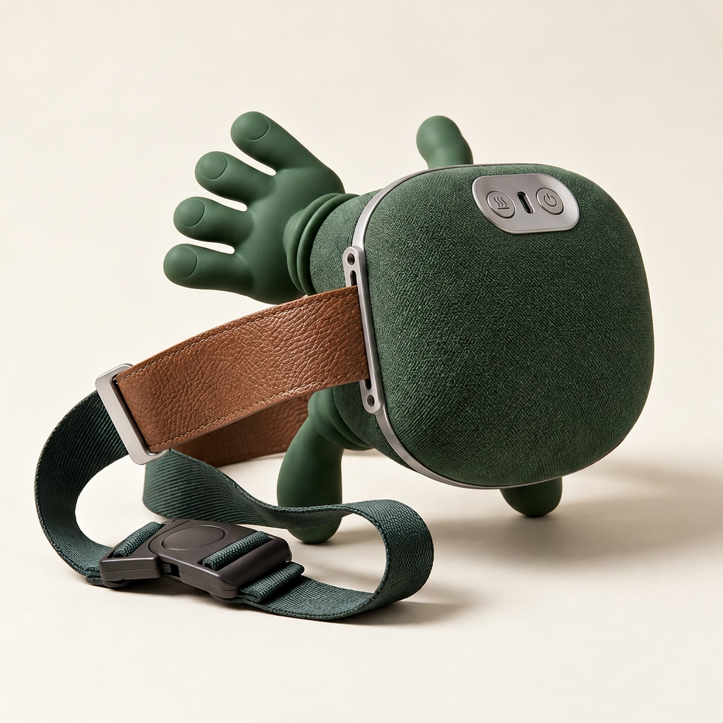 HandRelax, masseur cervical chauffant, vu de profil : coque textile vert mousse, doigts en silicone et cadre chromé